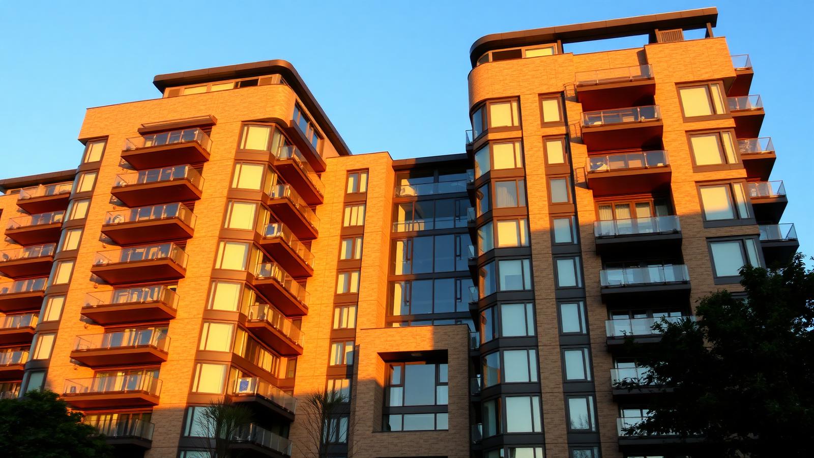 Edificio residencial moderno al atardecer
